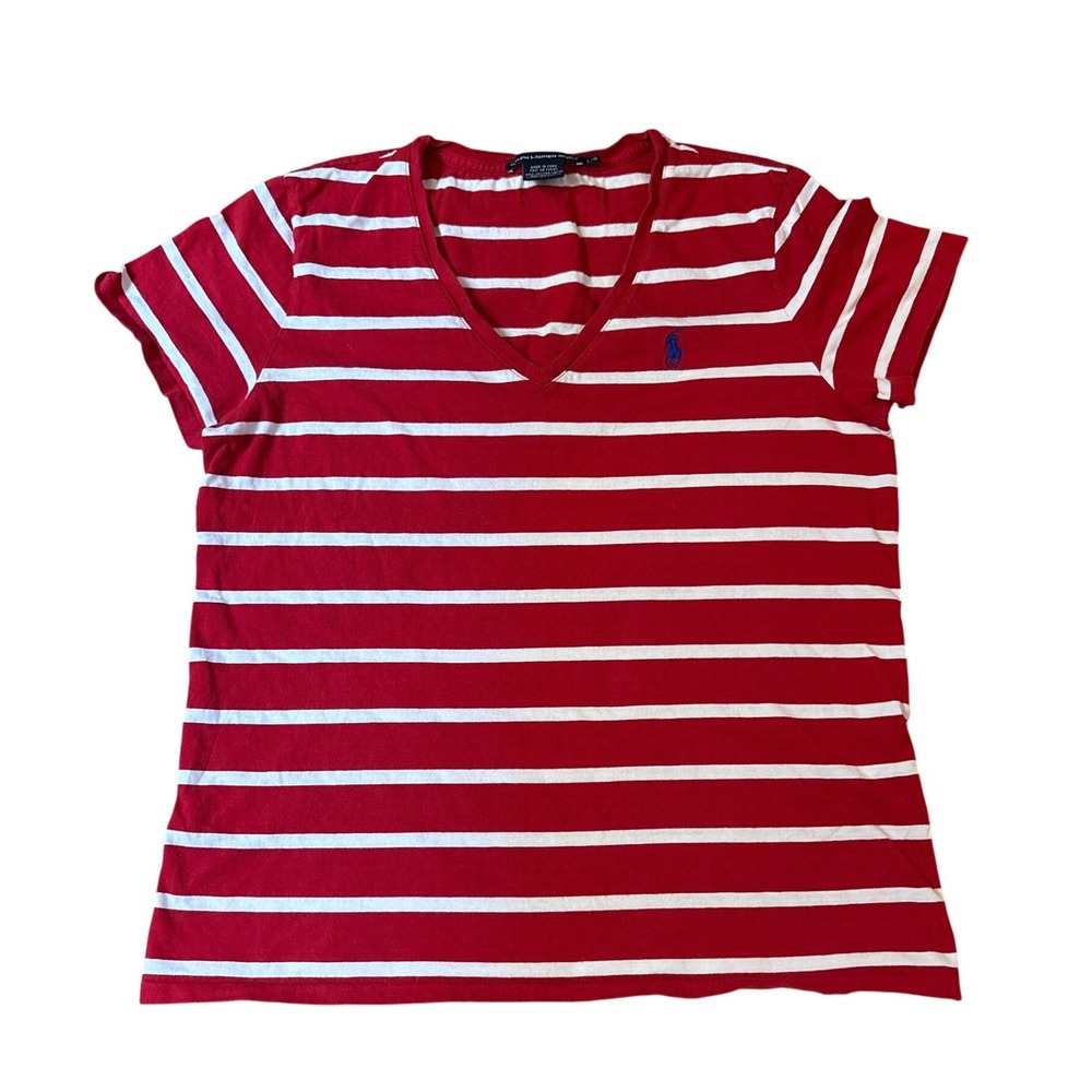 Ralph Lauren Sport Tee Women Red White Striped V-Neck Preppy SIZE Large
